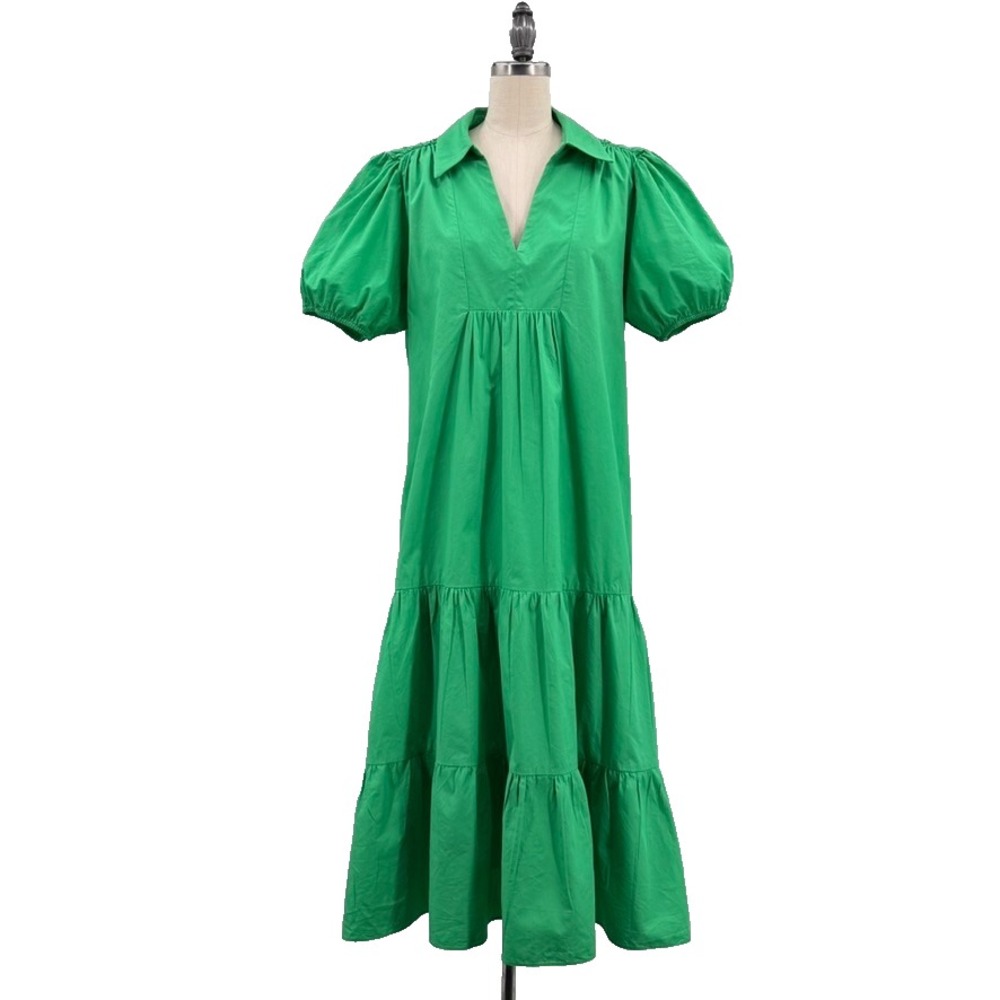 English Factory Cotton Poplin Puff Sleeve Midi Dress M Kelly Green Preppy - Picture 2 of 10